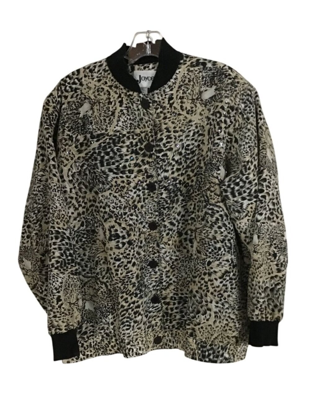 Joyce Vintage Womens 12 Beaded Sequin Leopard Print Button Front Bomber Jacket